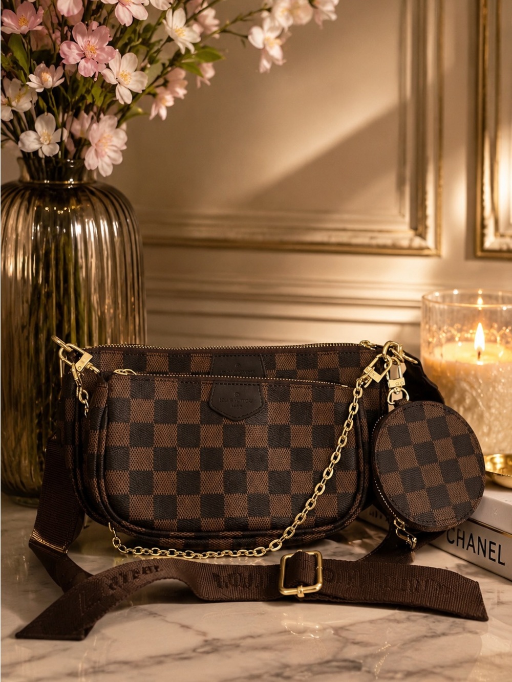 Designer-Inspired Brown Check Women's Crossbody Bag with Coin Pouch